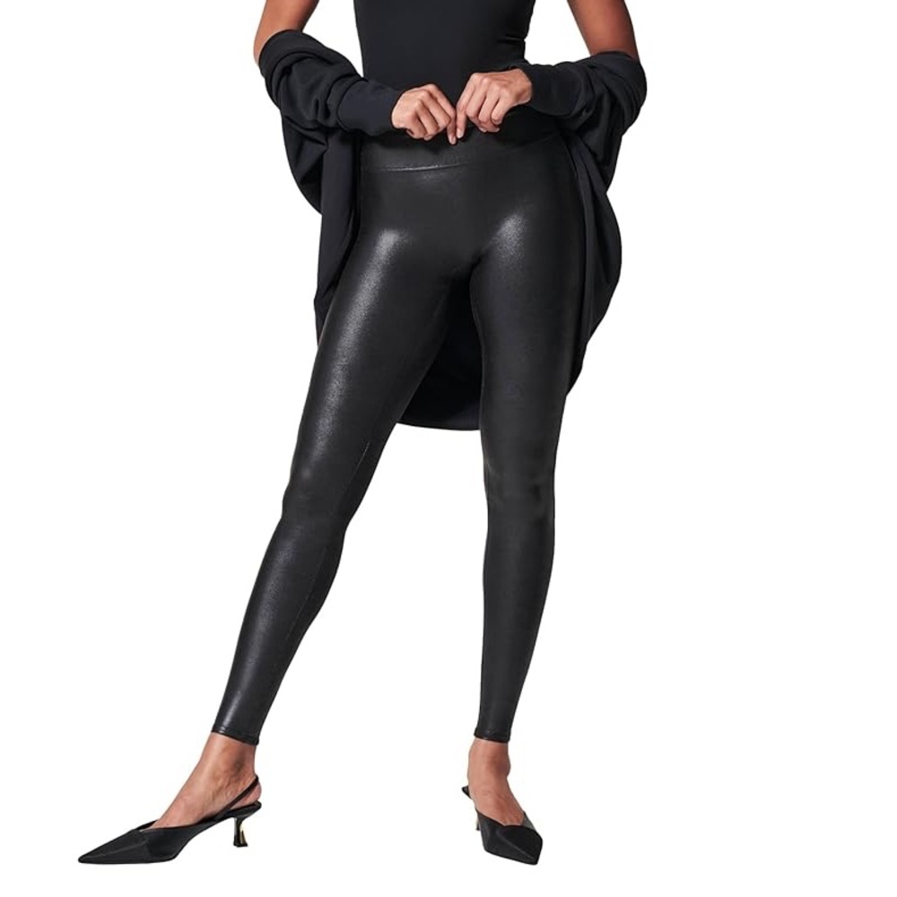 Spanx by Sara Blakely Black Faux Leather Stretch Contour Waistband Leggings sz S